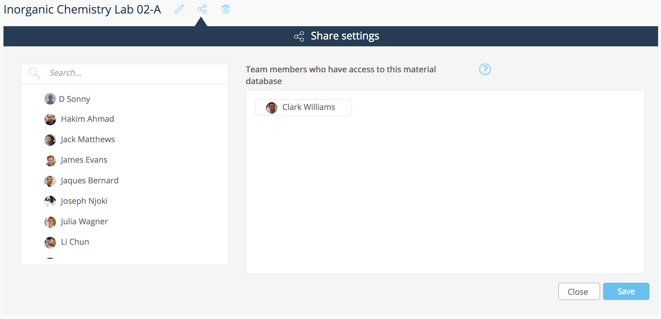 ELN material database share settings