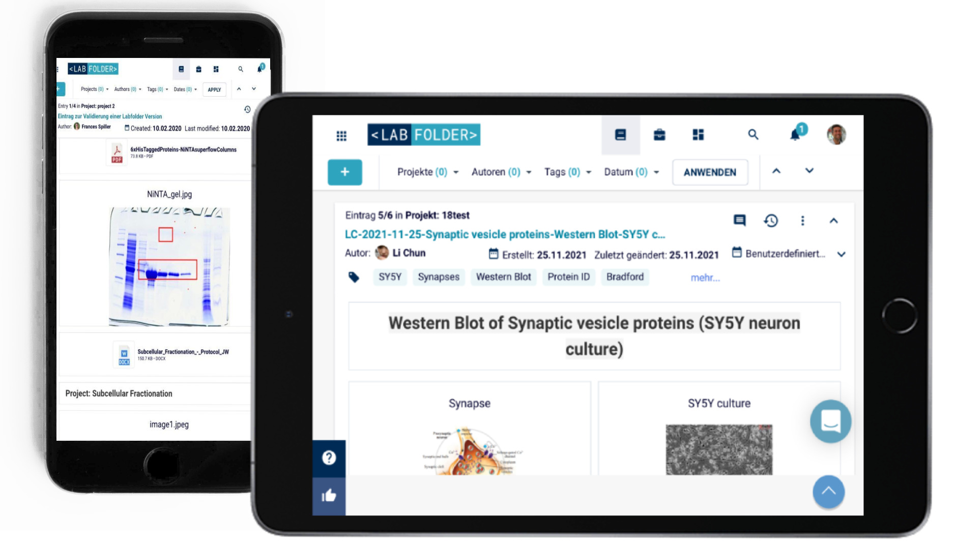 Labfolder ELN viewed from a phone and tablet